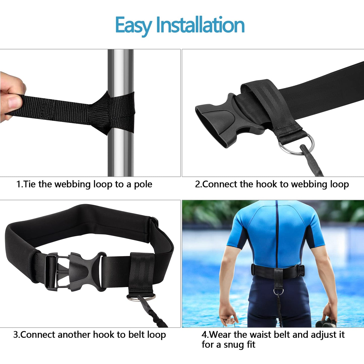 Hikeen Swimming Training Belt 4M Swimming Tether Swim in Place Harness Stationary Aquatic Resistance Belt