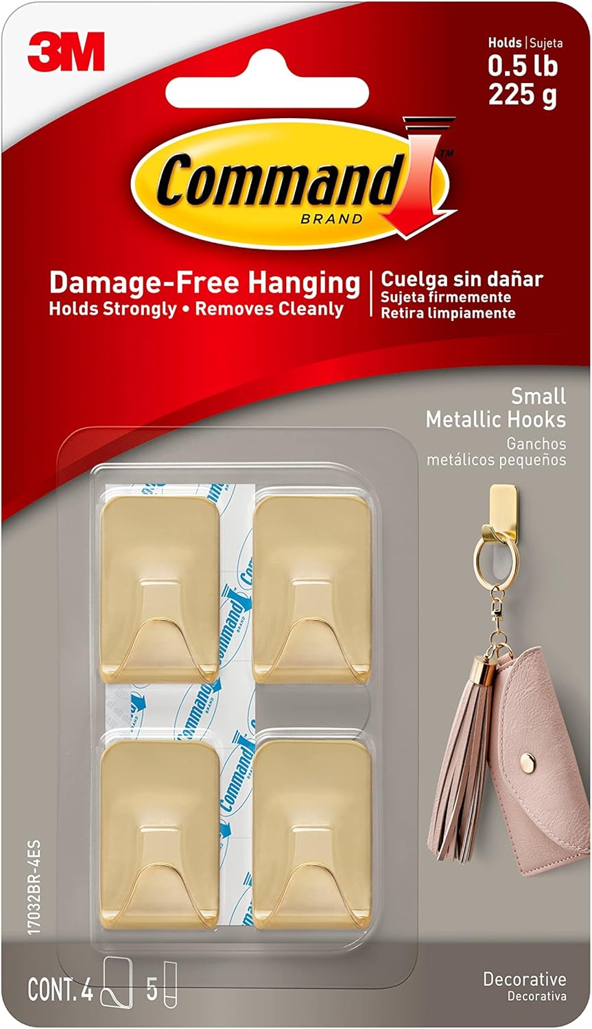 Command Small Metallic Hooks - Brass Color | Damage-Free Wall Hook with Adhesive Strips, Holds 0.5 lb