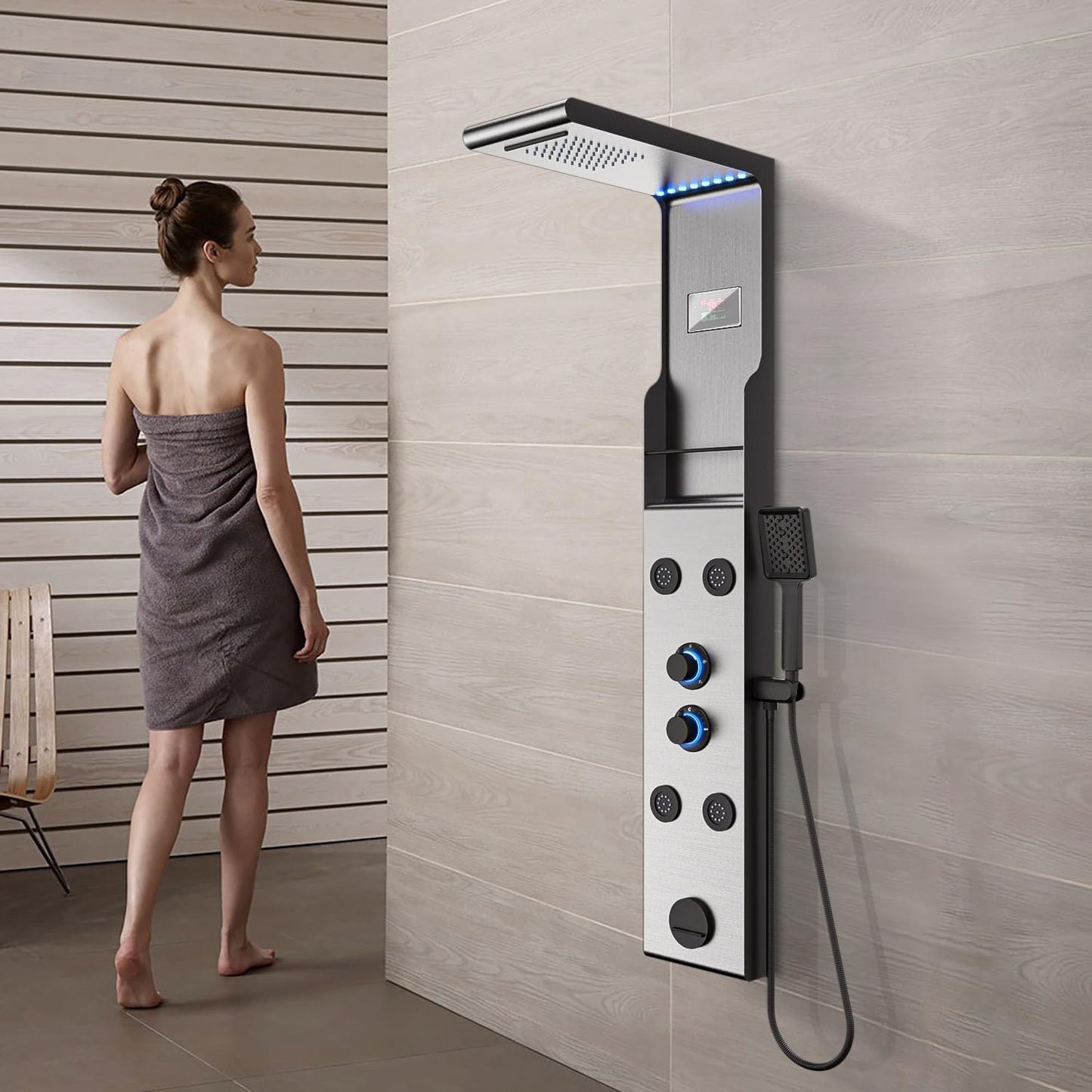 ELLO&ALLO LED Rainfall Shower Head and Rain Massage System with Body Jets Stainless Steel Bathroom Shower Panel Tower System with Shelf, Brushed Nickel&Black