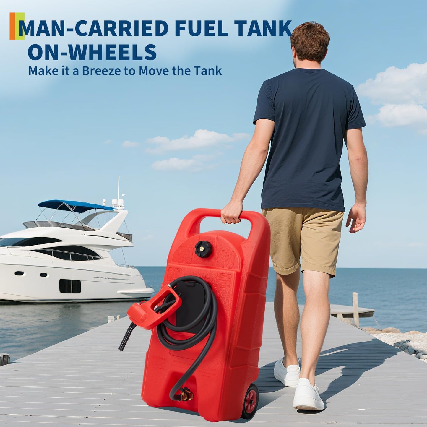 PeacefulHues Upgraded 15 Gallon Gas Tank, Heavy-Duty Fuel Can with Manual Transfer Pump & 10FT Hose, Portable Gas Can with Casters, Leak-Proof Gas Container for Lawn Mowers, Tractor, Boat, Snow Blow