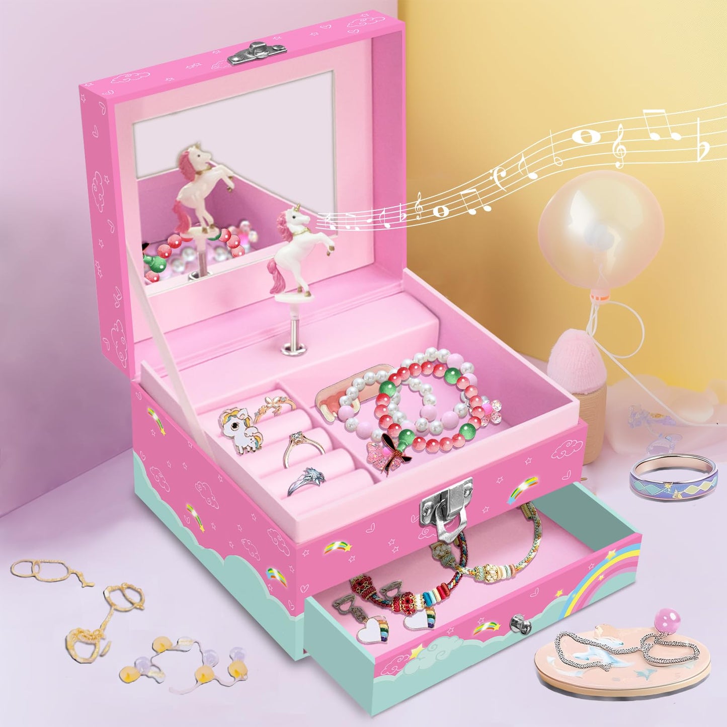 JOEKIKIMD Magical Unicorn Jewelry Box for Girls - Spinning Unicorn with Jewelry Drawer - Kids Music Box 6-12 Birthday Easter Christmas Gift, 5.9 x 5.1 x 3.5 Inches