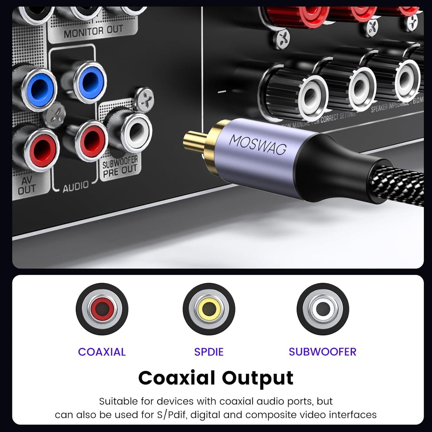 3.3FT/1M, 24K PS3, MOSWAG RCA Coaxial Cable Digital Audio Cable, RCA Digital Coaxial Cord Plated Nylon, Suitable