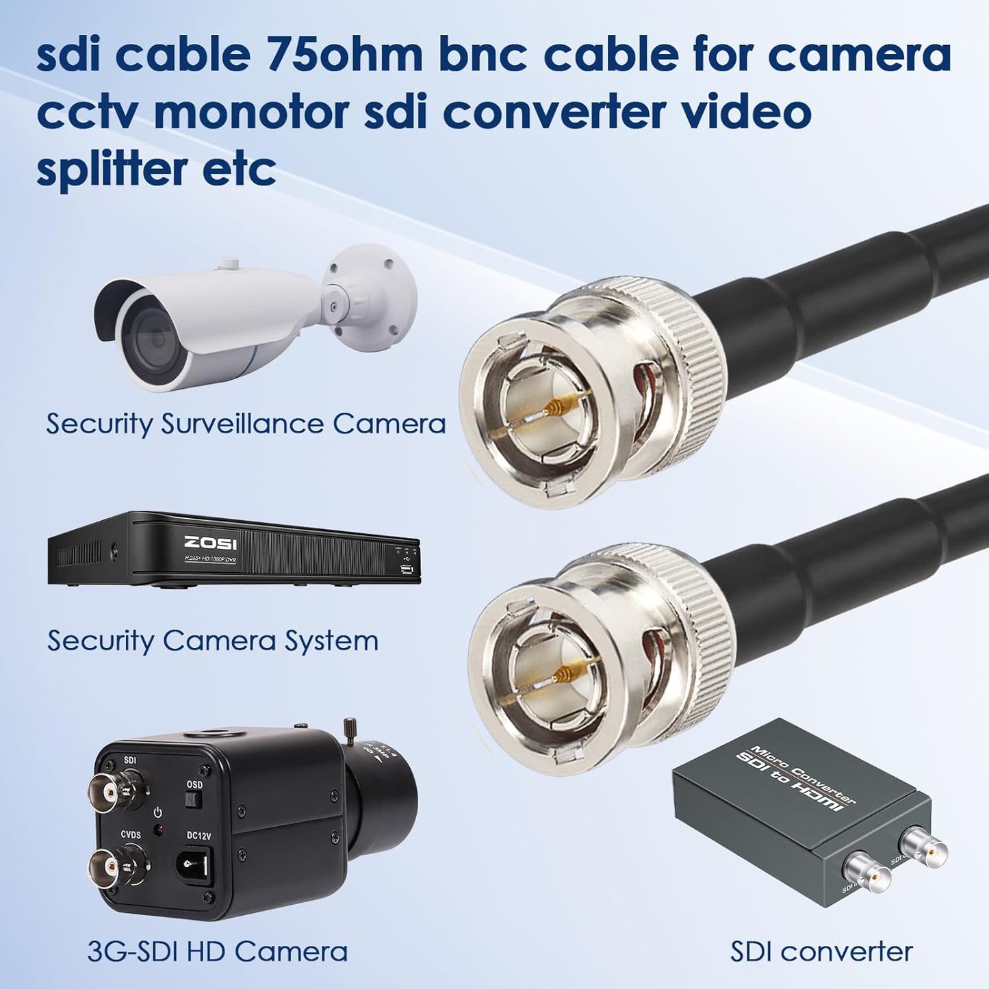 35FT, 3G/6G 75 RG179 XRDS -RF SDI Cable Flexible HD-SDI Cables, Ohm Extension Cable with Heavy Duty BNC to BNC Male