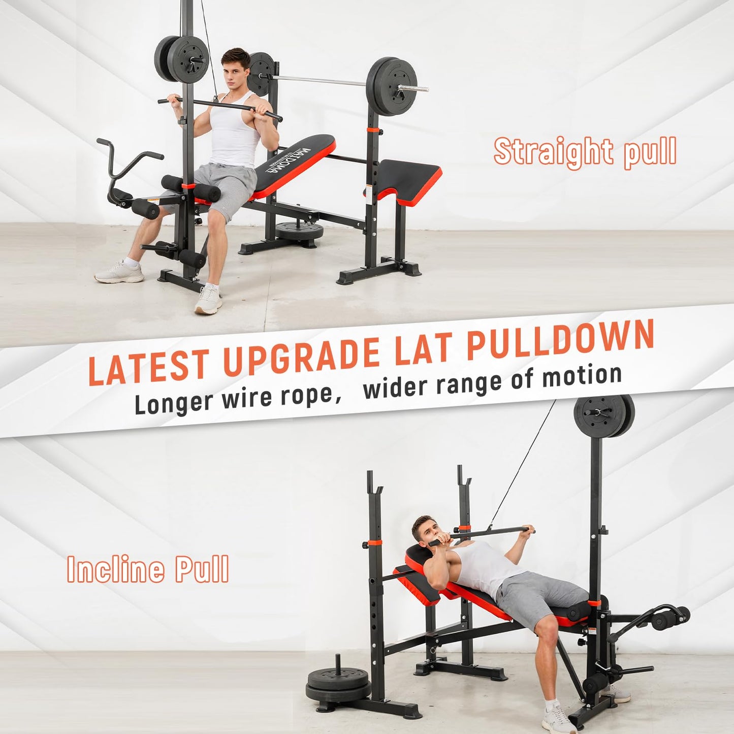 MAIDOMA 1500LB 8 IN 1 Weight Bench with Lat Pulldown and Leg Extension/Curl, Foldable Bench Press with Preacher Curl & Squat Rack, Workout Benches with Safety Bar Catches for Home Gym