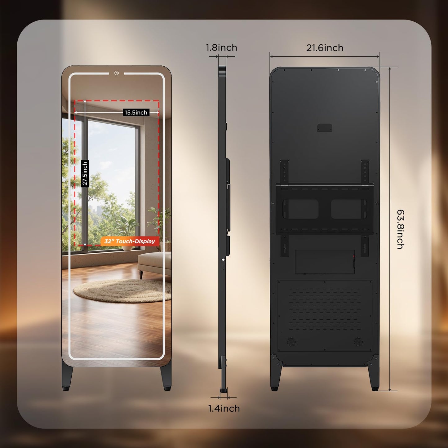 Smart Gym Mirror for Home Workouts, 32" HD Touchscreen with Android OS, 63" Full-Length Mirror, No Subscription Required, Fitness App Support, Voice Control & Music Sync LED Light Strip