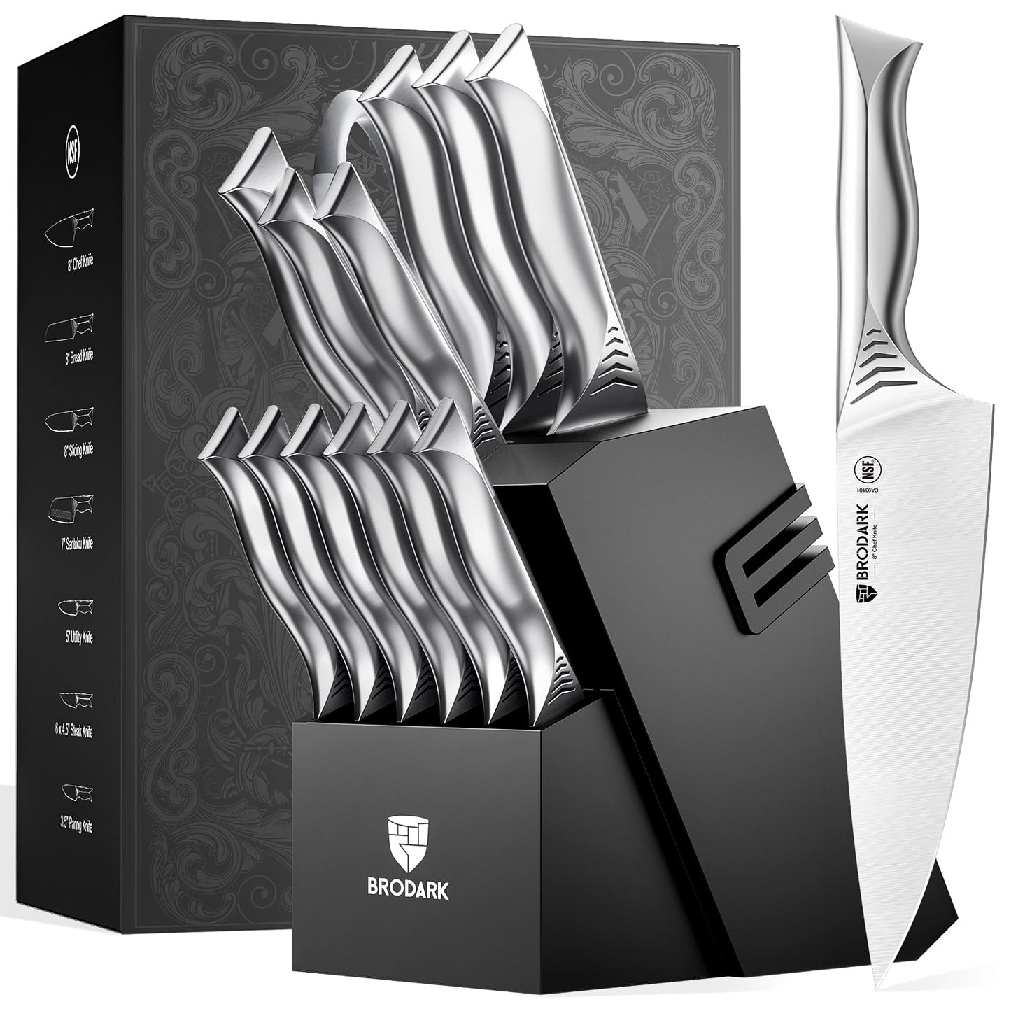 BRODARK Kitchen Knife Set with Block - 15-Piece Knife Block Set with Built-in Sharpener - High Carbon Stainless Steel Kitchen Knives Set for Kitchen - Christmas Gift, Shark Series, Mothers Day