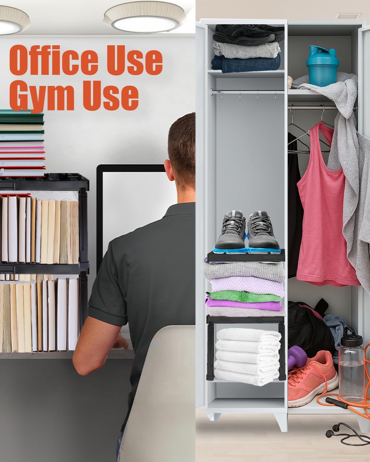 Piffny Adjustable Locker/Cabinet Organizer Shelf, 2 Pack, Adjustable Width and Height, Ideal for School, Office, and Gym Lockers (New Version) (Black)