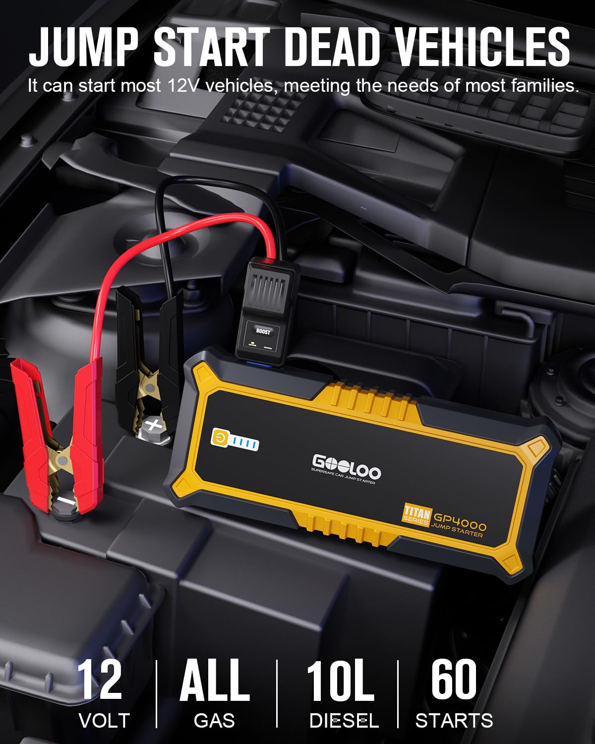 GOOLOO GP4000 Jump Starter 4000A Peak Car Starter (All Gas,up to 10.0L Diesel Engine) SuperSafe 12V Lithium Jump Box,Auto Battery Booster Pack,Portable Power Pack with USB Quick Charge and Type C Port
