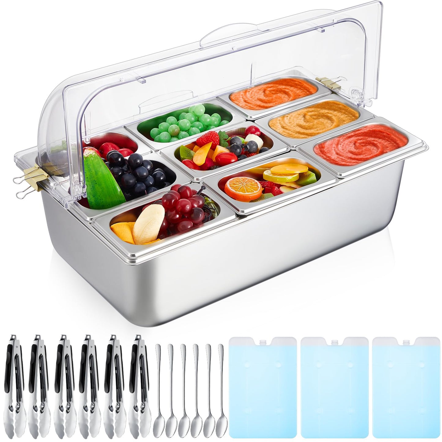 Condiment Tray Stainless Steel Serving Display Set with Lid for Buffet Restaurant Kitchen, Food Chilled Container for Salad Fruit Condiments, Keeps Food Fresh with Ice Box(9 Compartments)