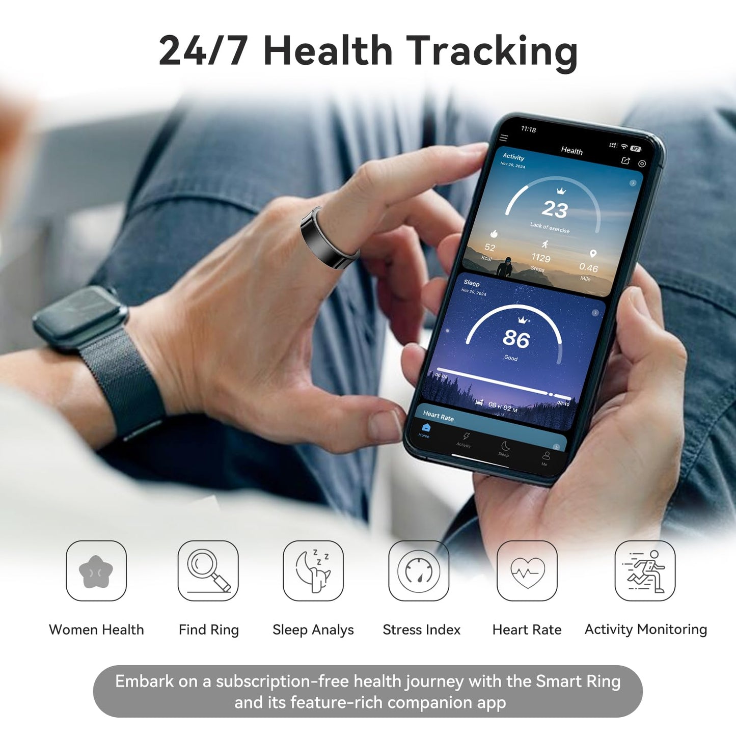 Weyrinice Smart Ring Health Tracker, Smart Rings for Men & Women, No Subscription Required, Long-Lasting Battery Sleep Ring, Fitness & Sleep Monitor Compatible with iOS & Android (Black, 7)