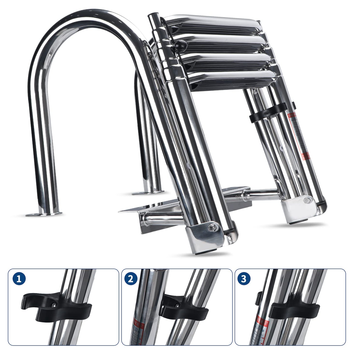 Marinebaby 4-Step Pontoon Boat Ladder, 316 Stainless Steel Folding Telescoping Inboard Ladder with Hand Railing and Extra Wide Steps