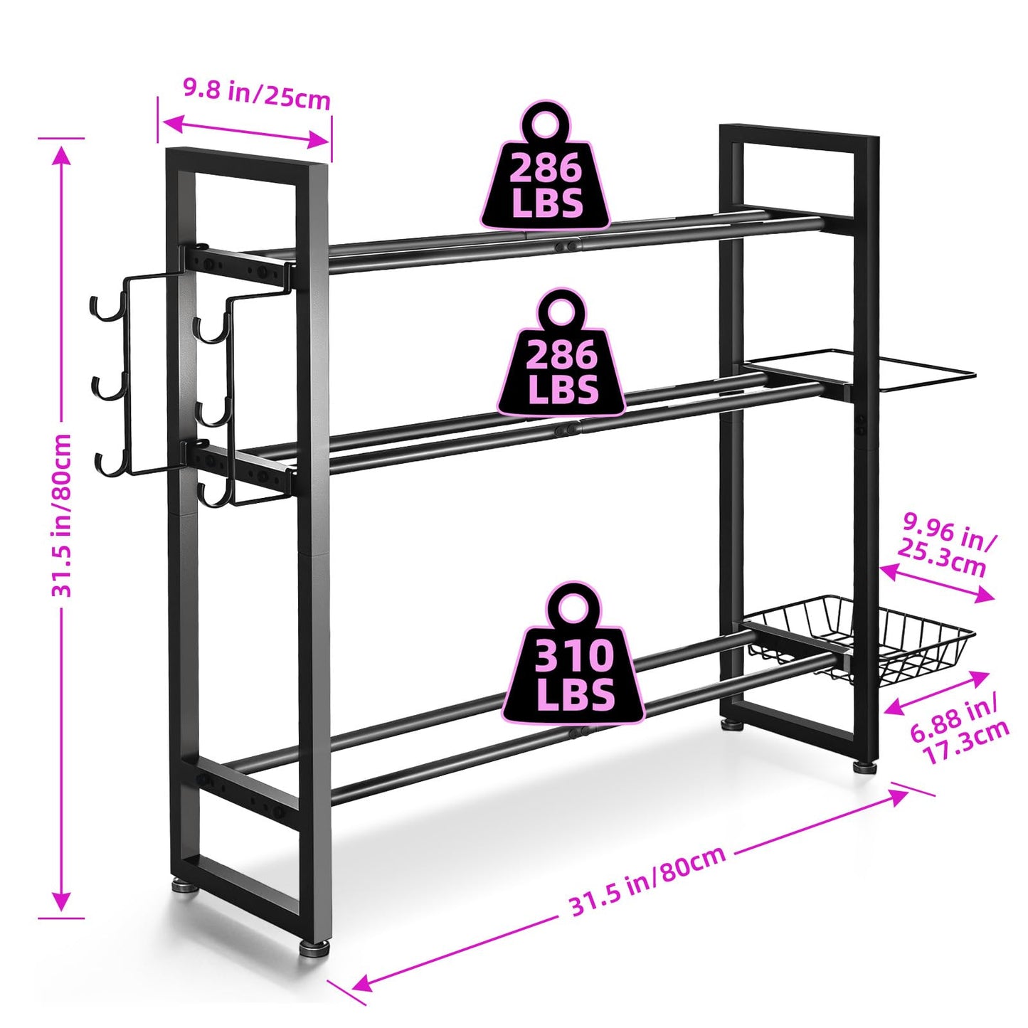 laapee 3-Tier Dumbbell Rack with 882 LBS Capacity, Multi-Purpose Weight Rack for Home Gym with Shelf and Movable Hooks, Weight Holder and Home Gym Storage Organizer for Dumbells Kettlebells Yoga Mat