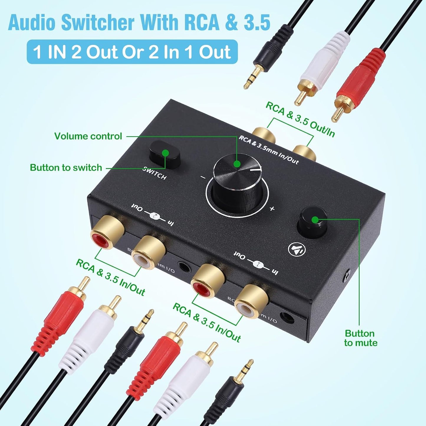 ATNEDCVH 3.5mm 1 2 2 1 2-Way RCA Port in Out / in Out Bi-Directional Audio Switcher, Stereo L/R Sound Channel Speaker