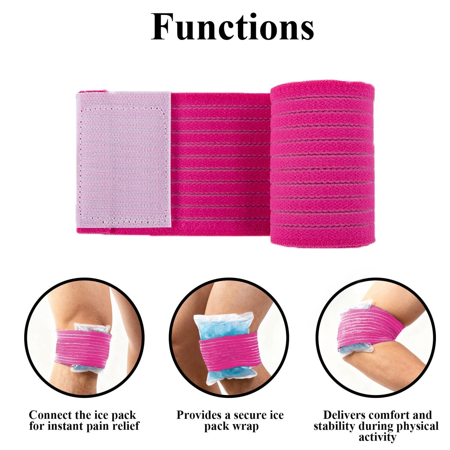4-Pack Ice Pack Strap,Resuable,Stretchable- 35.5"x3" Adjustable Hook and Loop Elastic Holder & Extender Belt for Secure Ice Pack Wrap, Pink