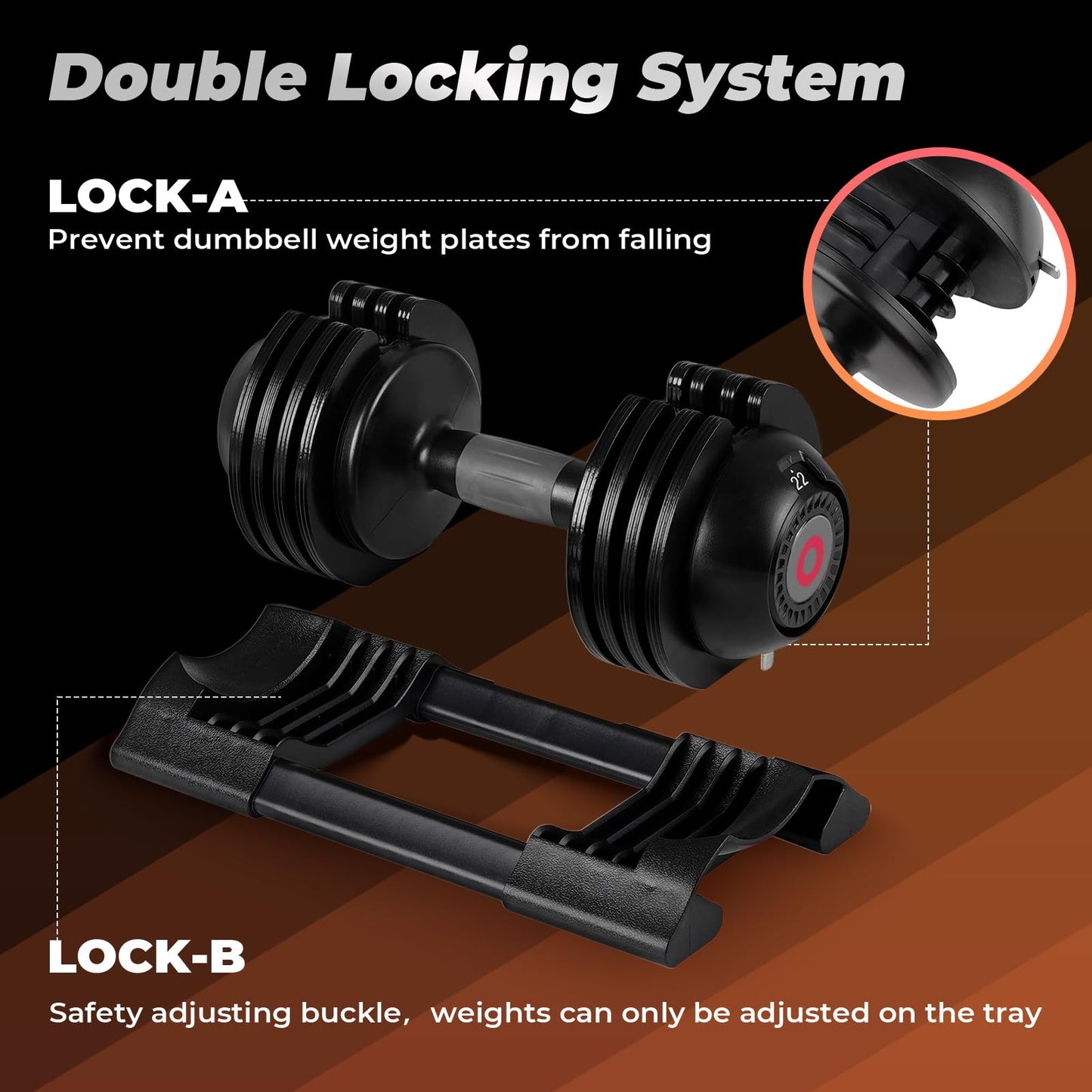 Adjustable Dumbbell Set: 22LBS/52LBS Dumbbell Set with Tray for Fitness, Fast Adjust Weight by Turning Anti-Slip Handle, Suitable for Men and Women