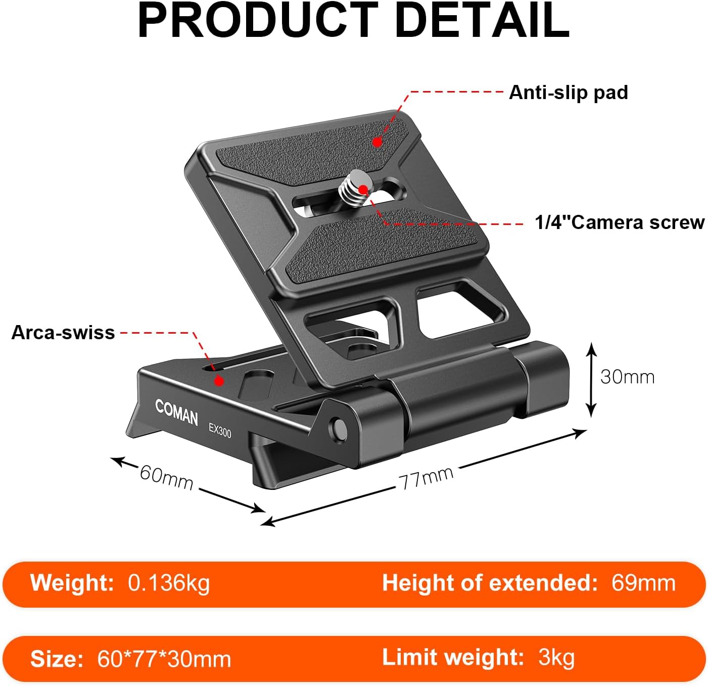 COMAN EX300 Foldable Camera L Bracket, Universal L-Shaped Vertical Horizontal Camera Quick Release Plate, for DSLR
