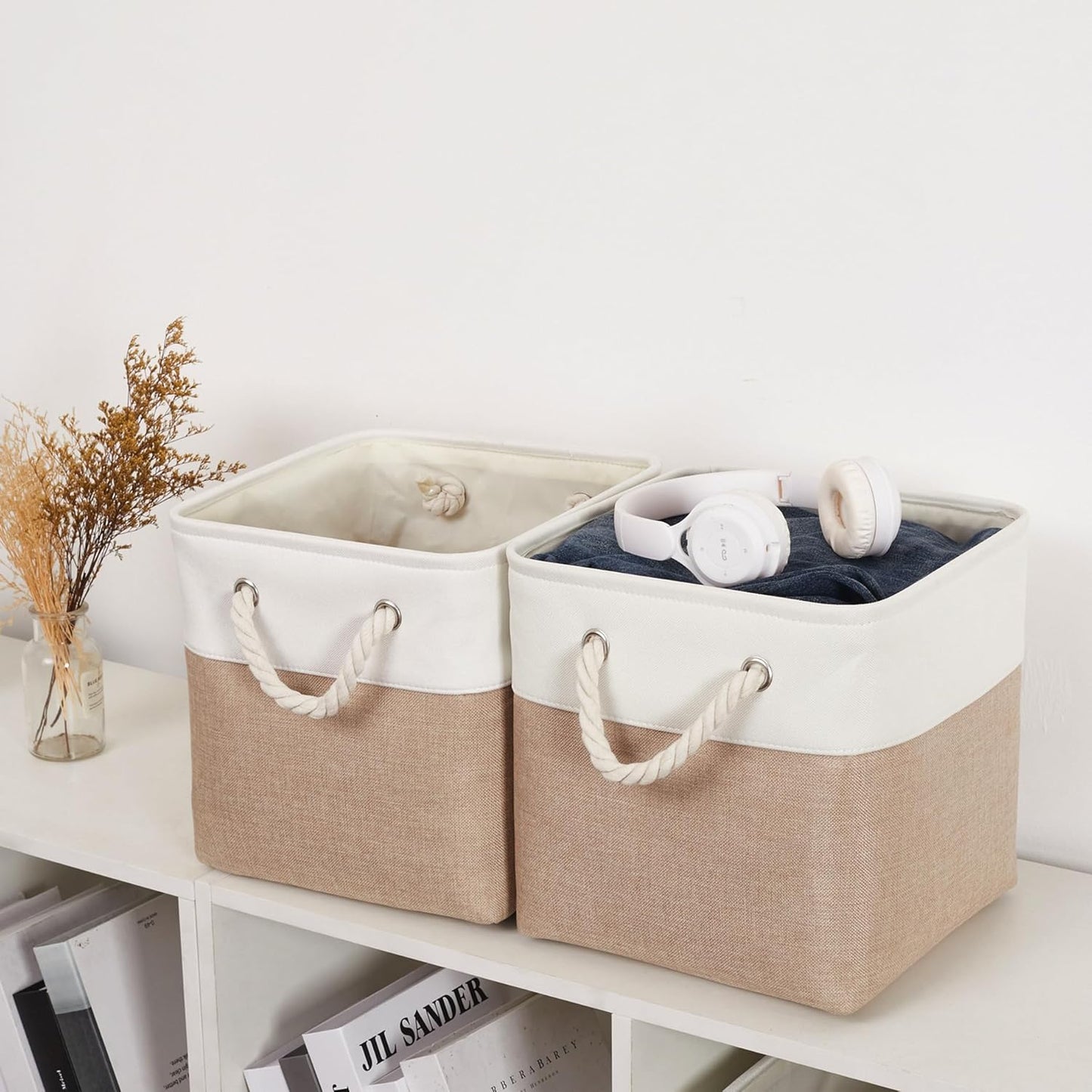Skiennix 11 x 11 Inch Storage Cubes - 6 Pack Large Collapsible Fabric Bins for Home & Office | White & Beige
