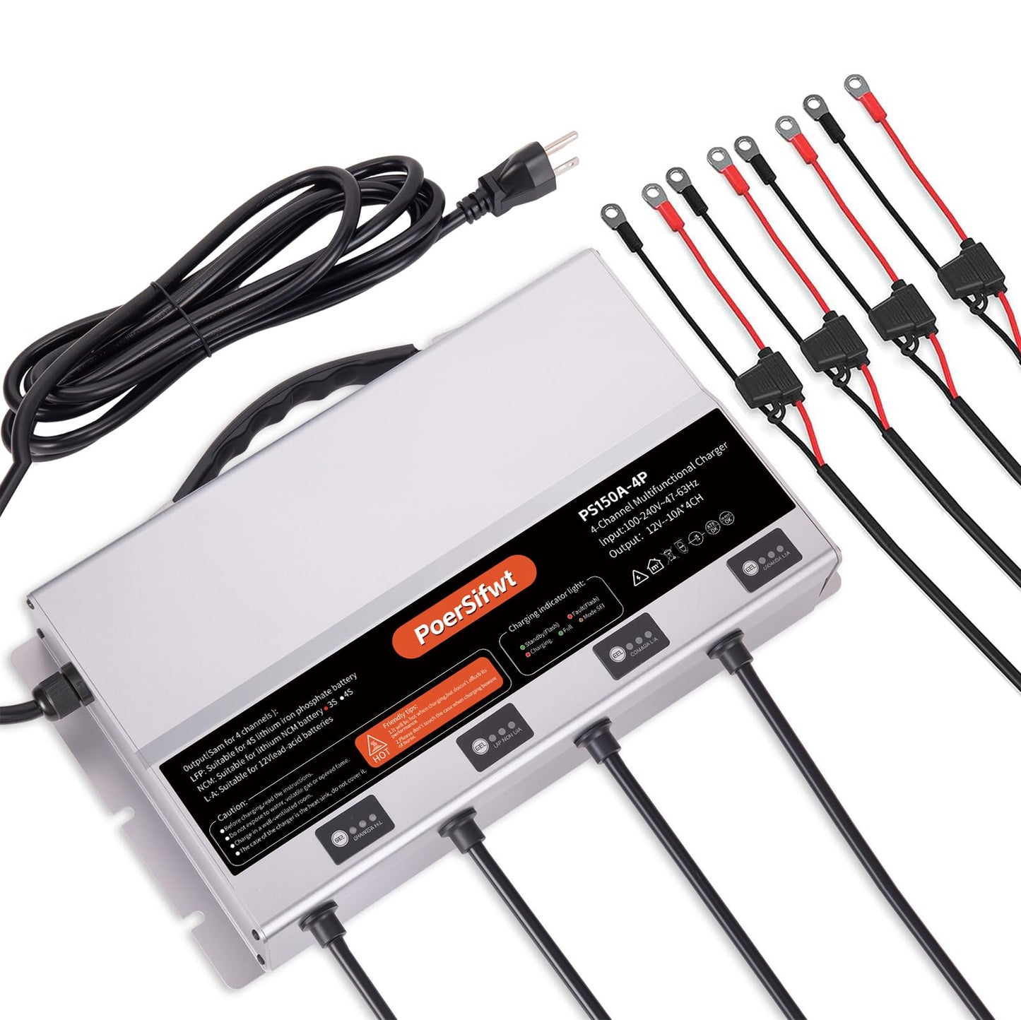 PoerSifwt 3 Bank 12V 10A Marine Battery Charger, Dual Output Smart Charger for LiFePO4, Lithium, Lead Acid Batteries, with 0V Start for Boat, RV, Trolling Motor, Lawn Mower (4-Channel Output)