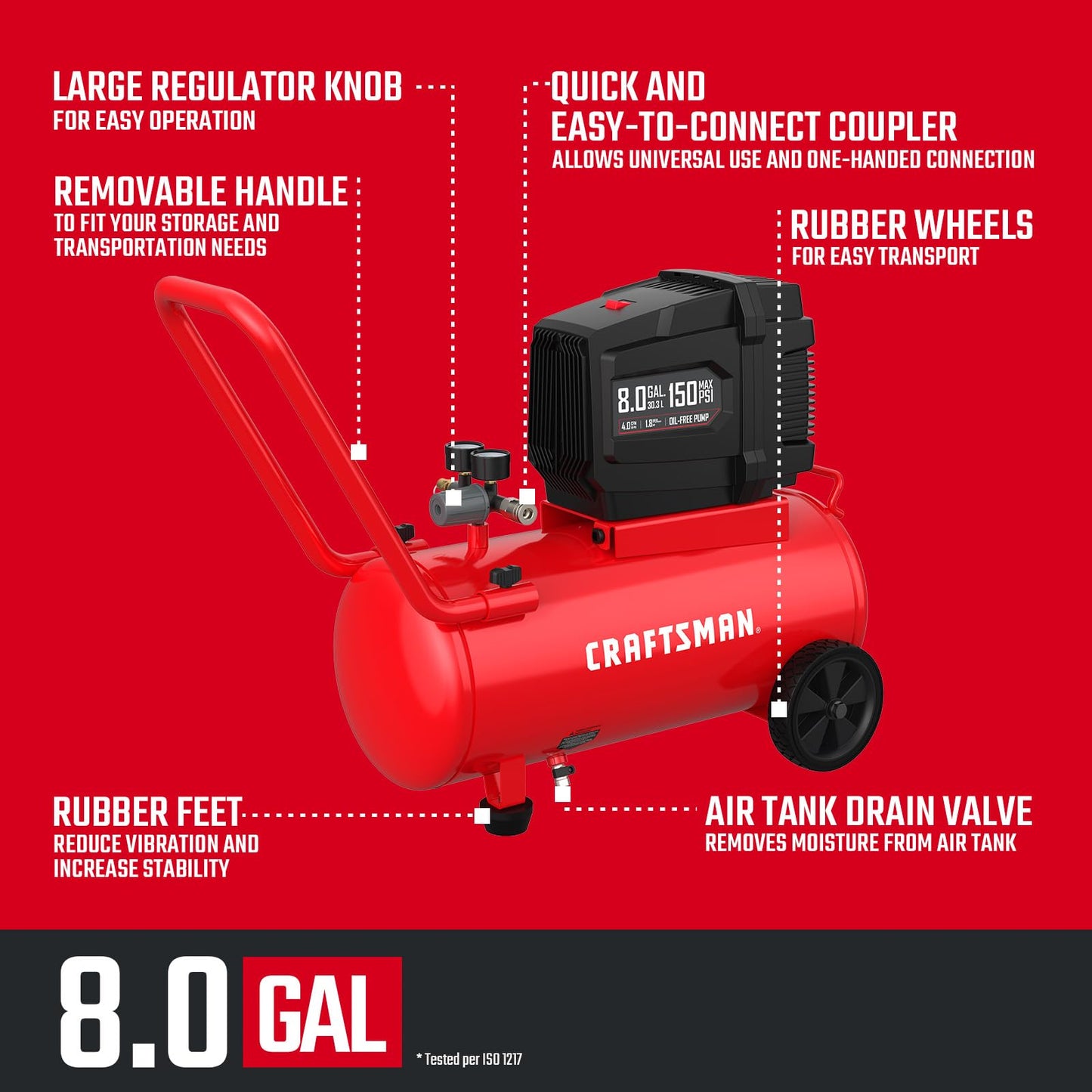 CRAFTSMAN Air Compressor 8 Gallon Oil-Free 1.8 HP Max 150 PSI Horizontal Tank with 10 PCS Accessories