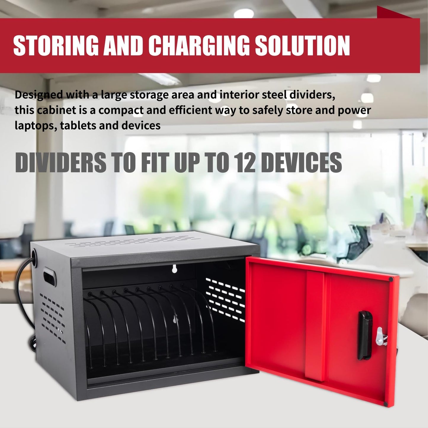 VOOTOLOVER 12 Bay Charging Cabinet for Laptop/Chromebook, Black Locking Charging Station with 12-Outlet Strip, Cable Clips, Grommet Holes & Wall-Mount 18.98" W×12.99" D×14.96" H for Office/Classroom