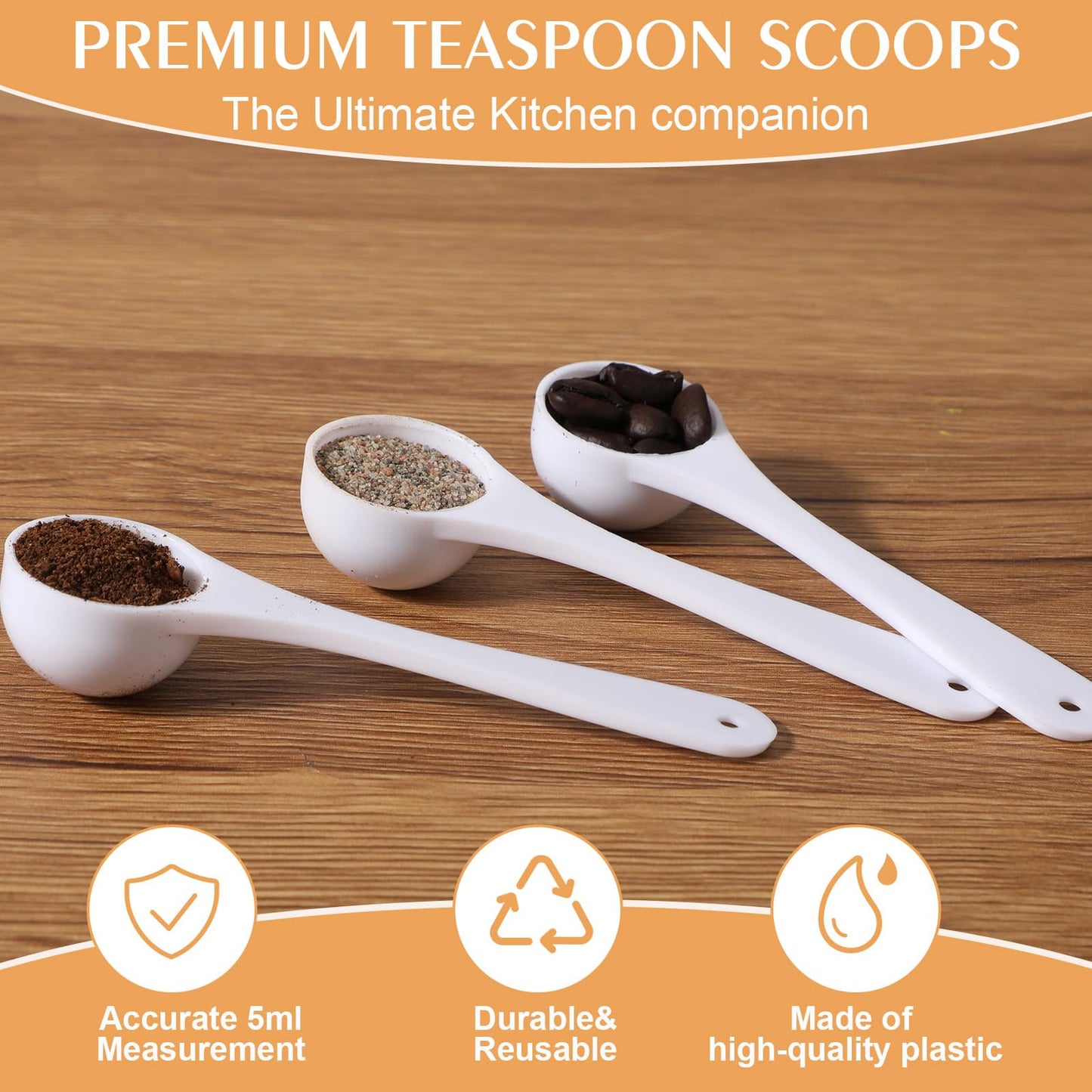Maxdot 200 Pcs Teaspoon Measuring Spoons Bulk Reusable Plastic Scoop Measuring Spoons Long Handle Plastic Scoop for Cosmetics Coffee Sugar Spices Protein((5 ml / 5 cc/ 1 Tsp)