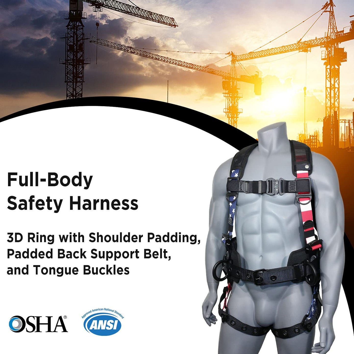 AFP Fall Protection Full-Body Premium Safety Harness, 8” Thick Support Belt, Aluminum D-Rings, Tongue Buckle (OSHA/ANSI PPE) – Fall Protection Harness, Safety Harnesses for Men Construction