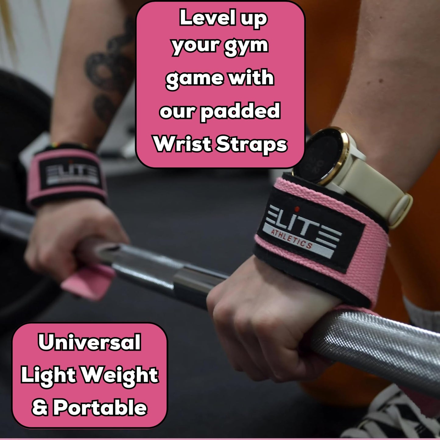 Elite Athletics Ankle Strap for Cable Machine, Gym Ankle Cuff for Cable Kickback, plus Wrist Lifting Straps for Weightlifting, Deadlift and Carry Bag (Pink)