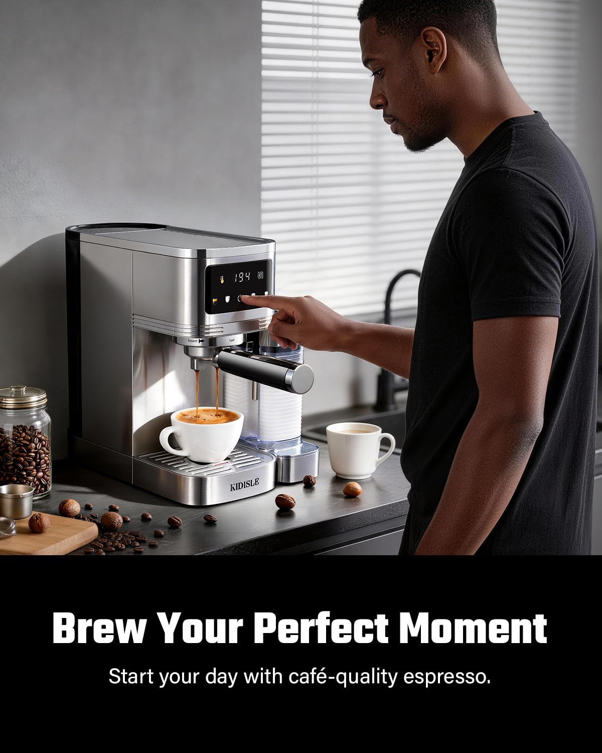 KIDISLE 20 Bar Espresso Machine with Automatic Milk Frother, Cappuccino & Latte Maker, Dual Boiler Coffee Machine (1350W + 1000W), 44oz Water Tank, 24oz Milk Reservoir, Touchscreen, Stainless Steel