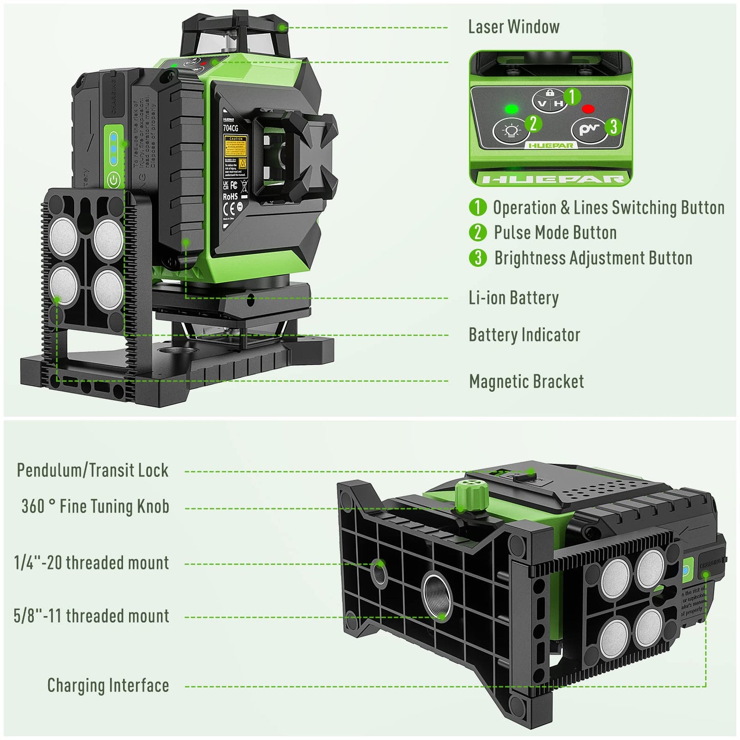 Huepar 4 x 360 Laser Level Self-leveling 4D Green Beam Cross Line 16 Lines Tiling Floor Laser Tool - 2 x 360 Horizontal/Vertical Laser Lines -rechargeable & Integrated Magnetic Bracket 704CG