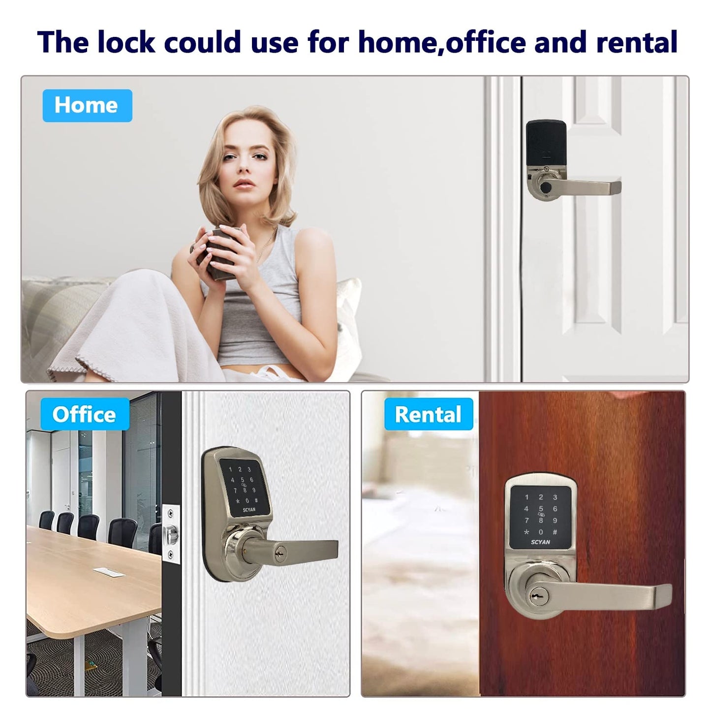 Smart Door Lock, Keyless Entry Door Lock, SCYAN X2 Handle Lock with Touchscreen Keypad Access, Auto Locking, for Home, Airbnb Rental House, Satin Nickel