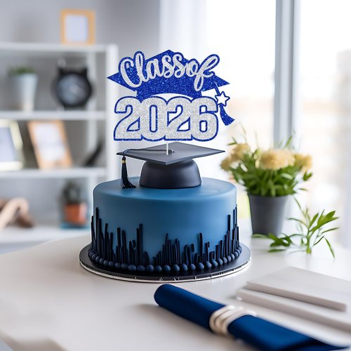 Class of 2026 Cake Topper - Graduation Party Decor | Blue & Silver Glitter High School/College