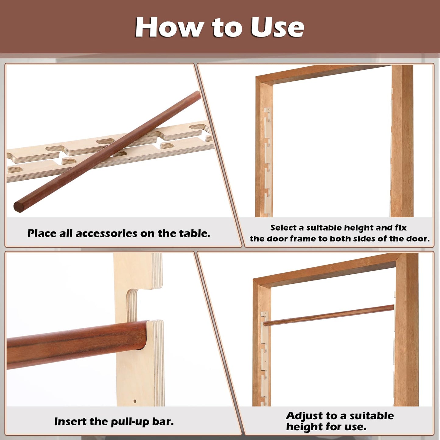 Leinuosen Doorway Pull-up Bar Sets Adjustable 5 Levels Wooden Doorway Pull-up Bar and 2 Door Frame with 6 Sets of Screw-in Heavy-duty Door-mounts to Fits 118cm(100kg Load Capacity)