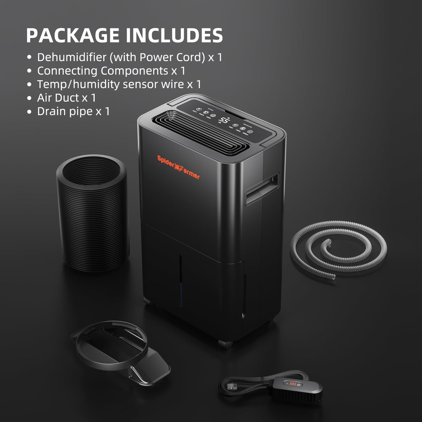 SPIDER FARMER Dehumidifier,38 Pints Plant Dehumidifier with Drain Hose,Temperature & Humidity Sensor Probe,24H Timer Function, Compressor Entfeuchter for Grow Tent,Home and Basement