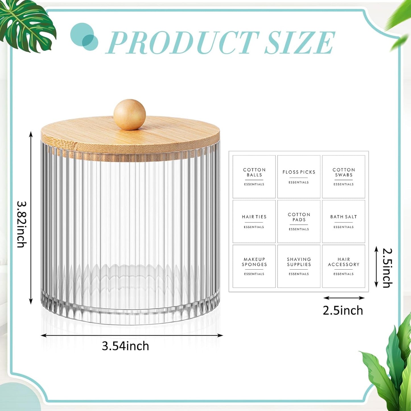 Yaomiao Ribbed Bathroom Canisters - 6 Pcs Apothecary Jars with Bamboo Lids & Labels | 18 oz Plastic Storage