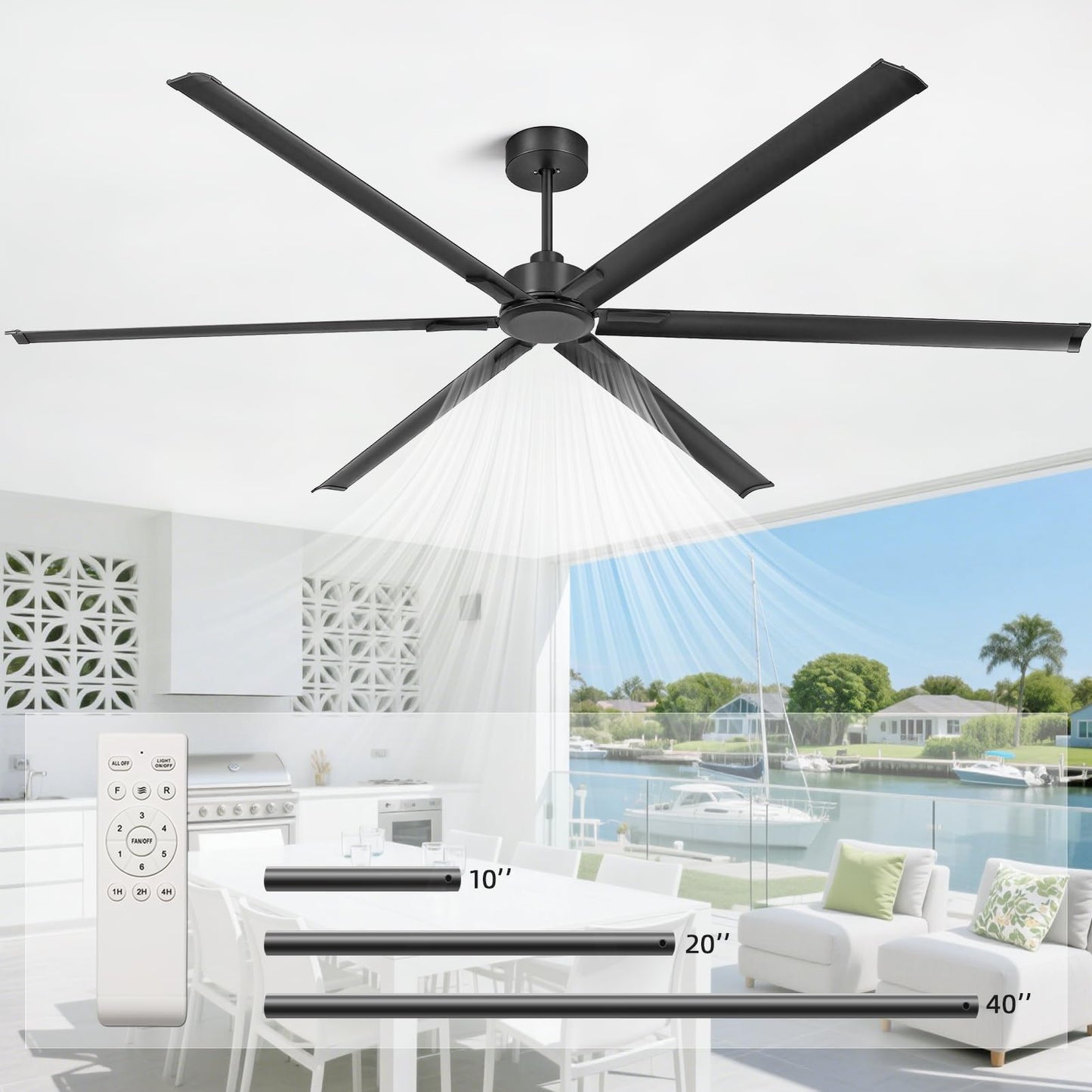 YYEHON 108 Inch Large Industrial Ceiling Fans, HVLS Commercial Black Fan with DC Reversible Motor, 6 Reversible Blades, 3 Downrods, 6-Speed Remote Control, for Shop Gym Garage Warehouse