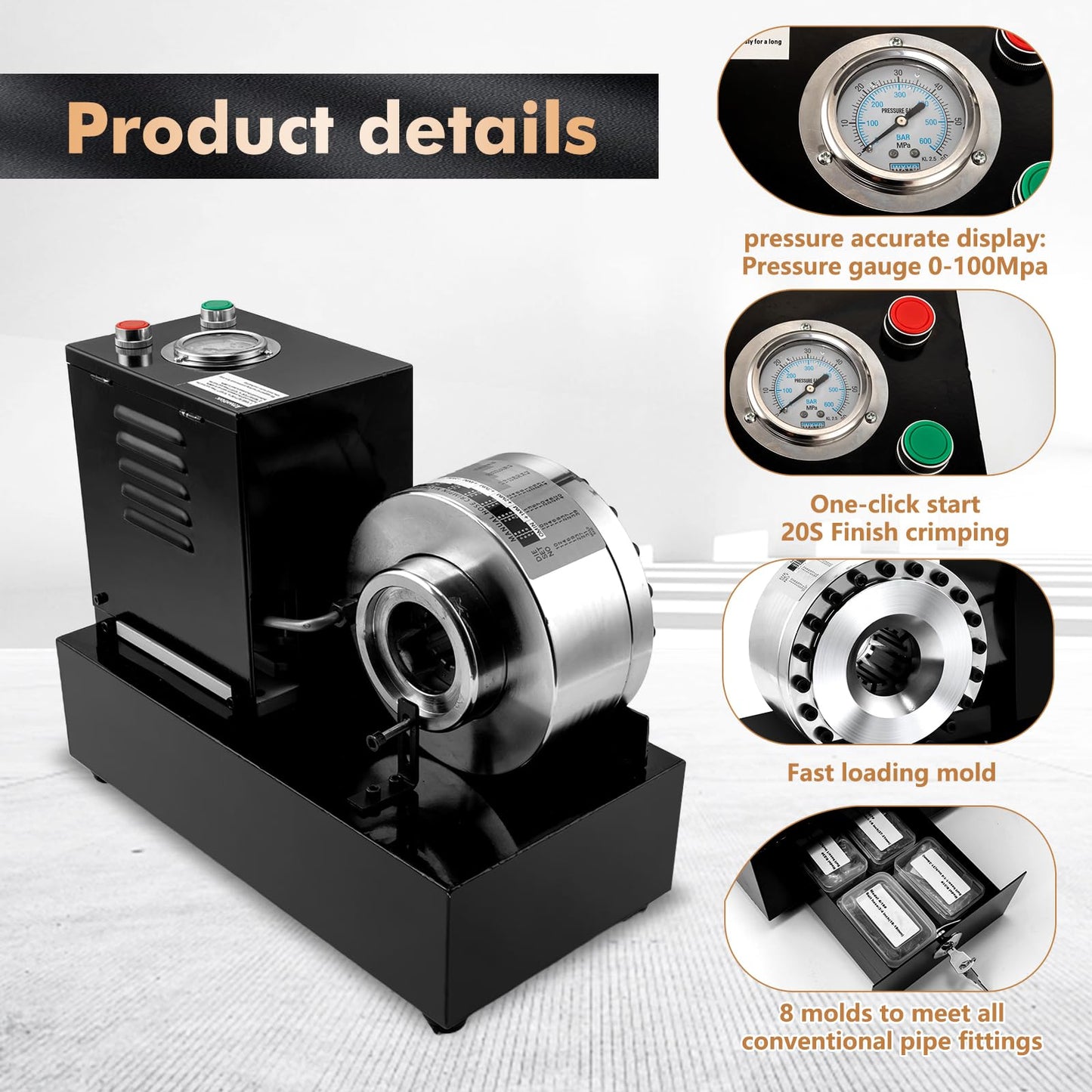 Electric Hydraulic Hose Crimper Tool with 8 Dies – 110V Portable Crimping Machine for AC Lines, Automotive, Excavators, Agricultural Equipment – Multi-Diameter Hydraulic Pipe & Fuel Line Crimper Kit