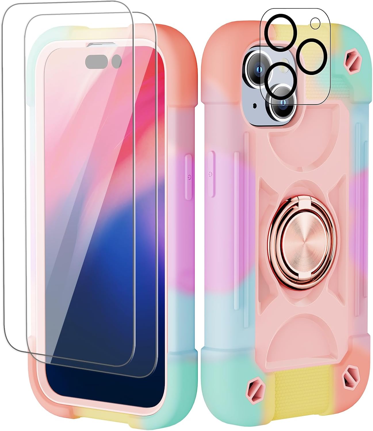 Cookiver 15 6.1" Compatible with iPhone Case - Heavy-Duty Shockproof Military-Grade Rugged Cover with Ring Stand, Glass