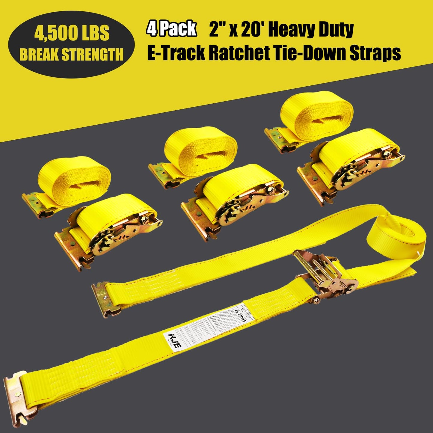 KJE E-Track Ratchet Straps, 4 Pack 2" x20' Heavy Duty Cargo Tie-Downs, 4500LBS Breaking Strength, Standard E Track Fitting Tie Down Ratcheting Strap for Cargo Vans, Trucks, Trailers