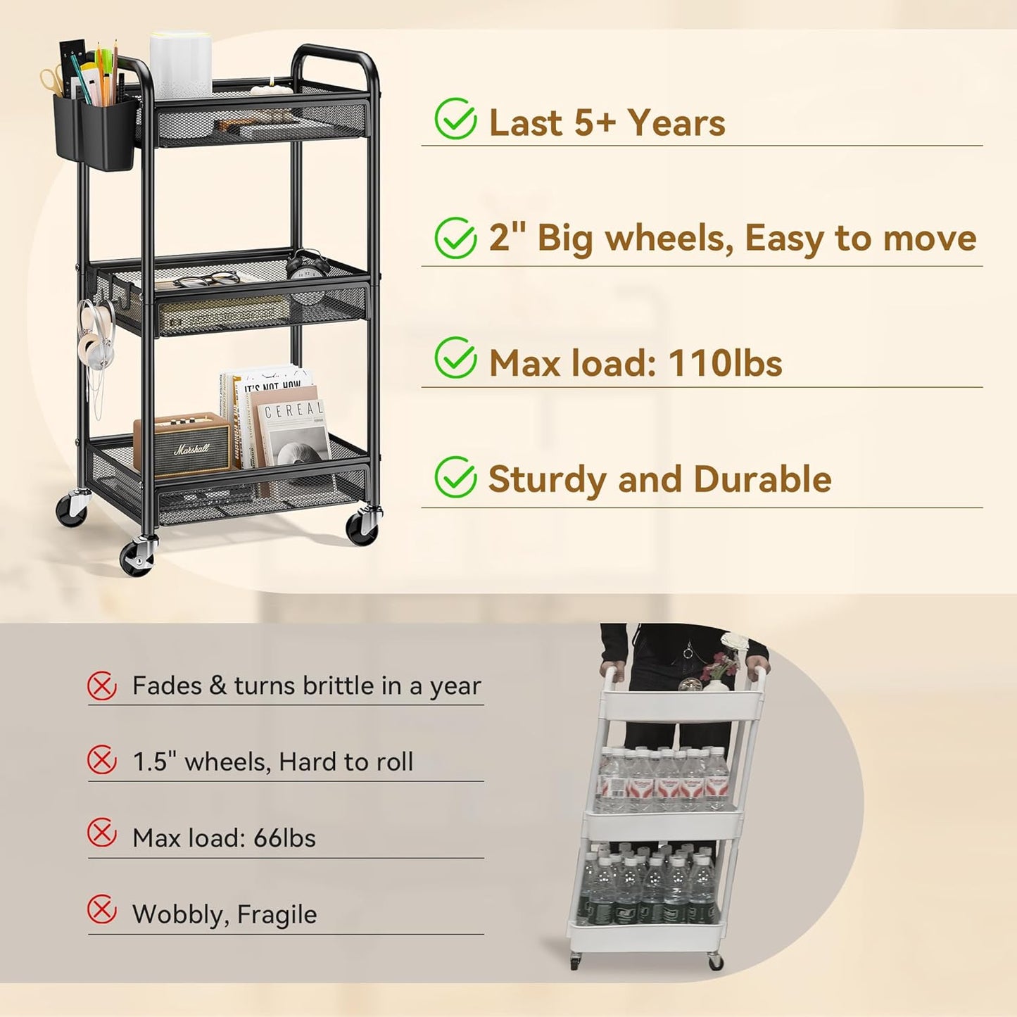 YASONIC 3-Tier Rolling Cart - Metal Utility Storage with Wheels & Hooks | Black Craft Organizer