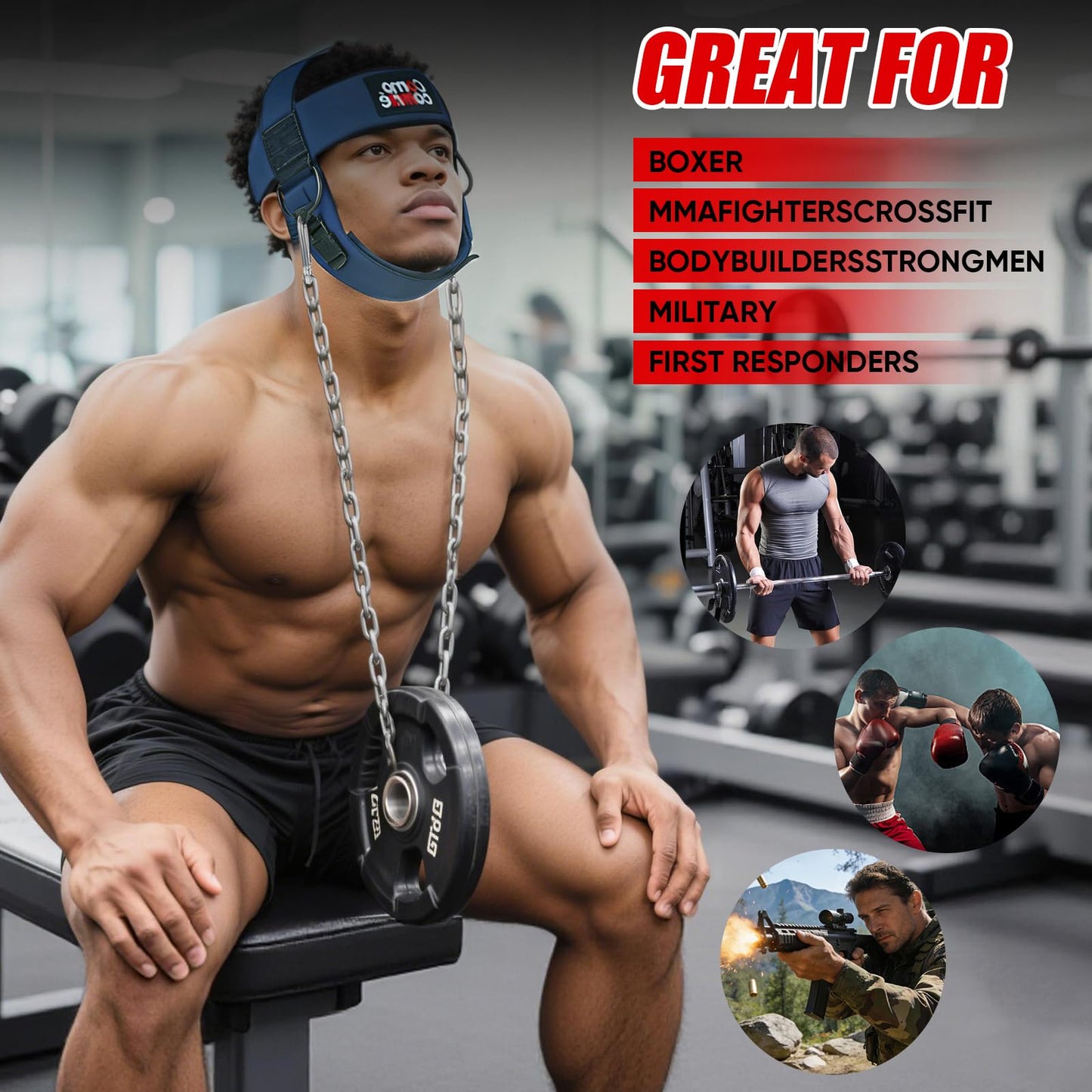 Fitness Neck Head Harness Trainer for Men and Women, Blue Neck Exerciser with 30" Heavy Duty Steel Chain for Safely Lifting, Adjustable Neoprene Neck Exerciser for Weight Lifting, Home and Gym Use
