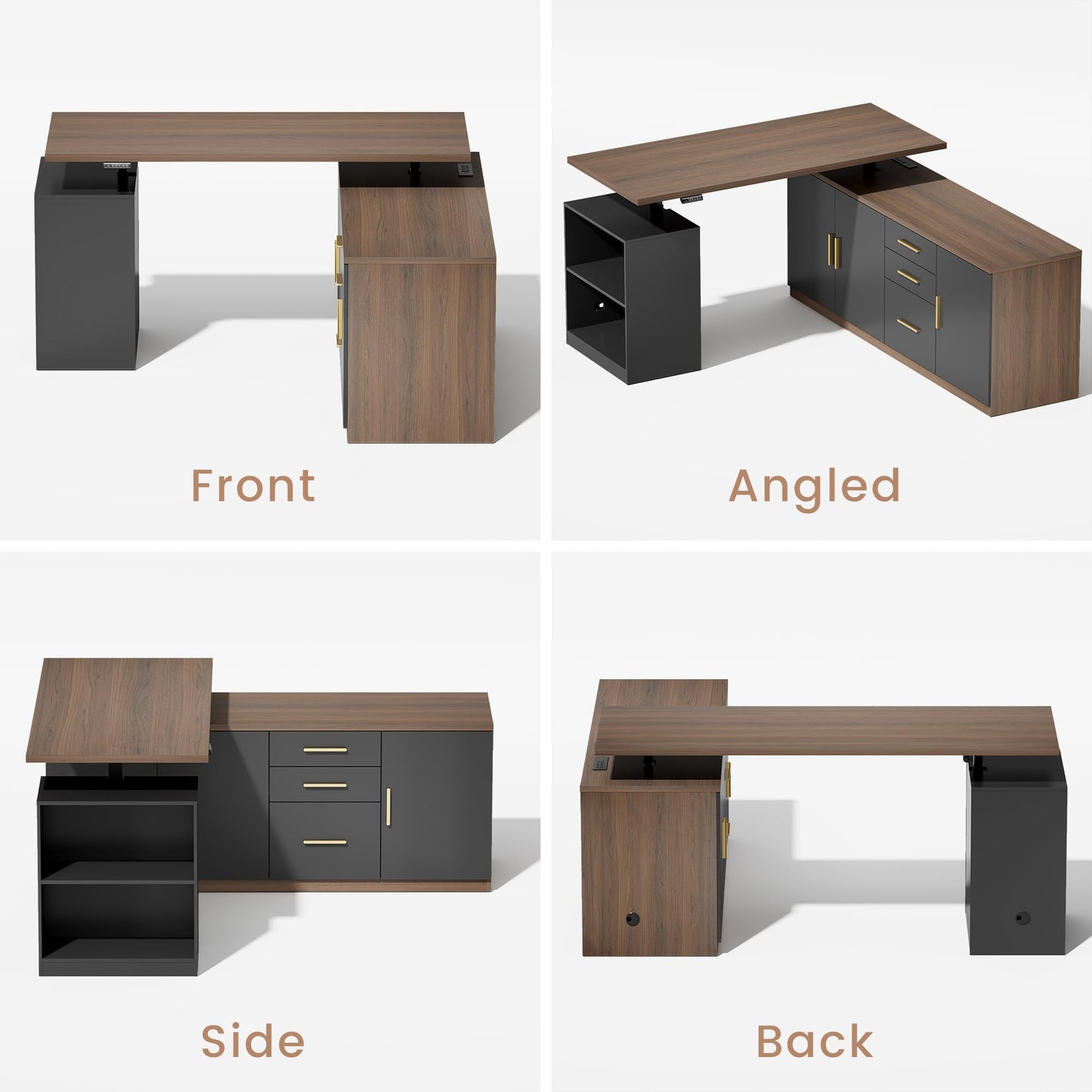 ModernMate L Shaped Electric Standing Desk with Drawers & File Cabinet, 67x60 Corner Executive Workstation, 59" One-Piece Desktop, Height Adjustable with Charging Station for Home Office, Black Walnut