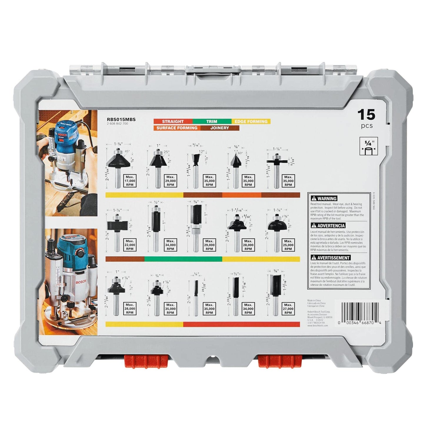 BOSCH 1617EVSPK Wood 12 Amp Router Tool Combo Kit - 2.25 Horsepower Plunge Router & Fixed Base with a Variable Speed&BOSCH 15 pc. Carbide-Tipped Wood Router Bit Set