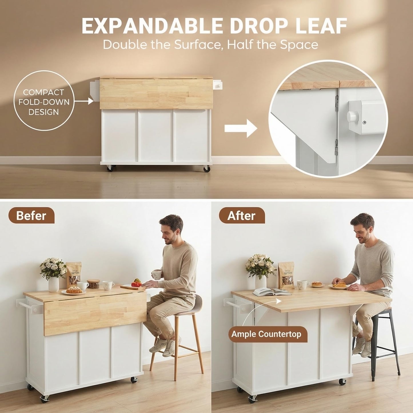 Waully 53'' Mobile Kitchen Island with Seating, Rolling Kitchen Island with Storage and Drop Leaf, 3 Drawers Islands Cart Rubberwood Top, 2 Open Shelves, Isla para Cocina, White + 2 StooIs