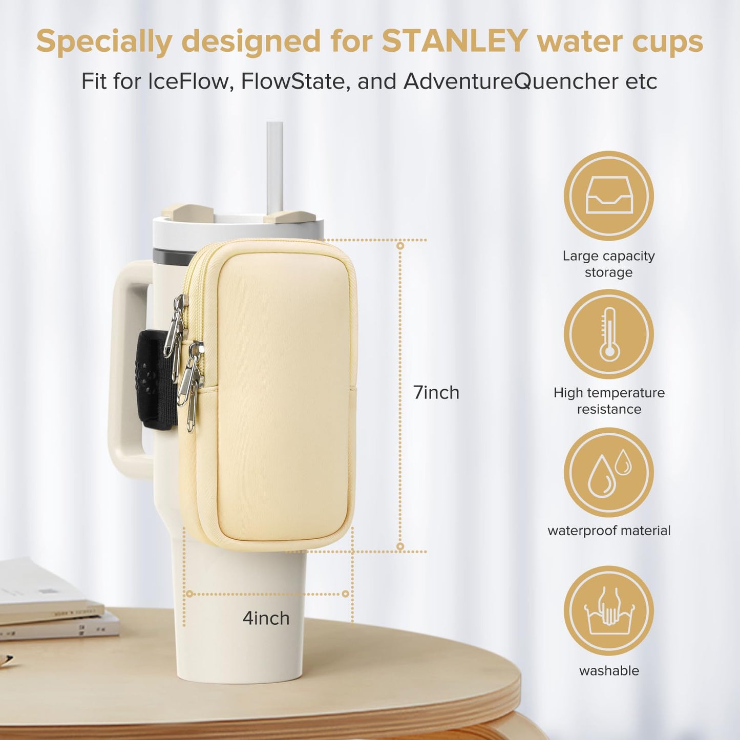 Water Bottle Pouch For Stanley Cup 40oz 30oz, Running Water Bottle Bag for Cards, Keys, Phone, Gym Accessories For Men Women, Travel Tumbler Mug Pouch Compatible With Stanley, Simple Modern(Cream)