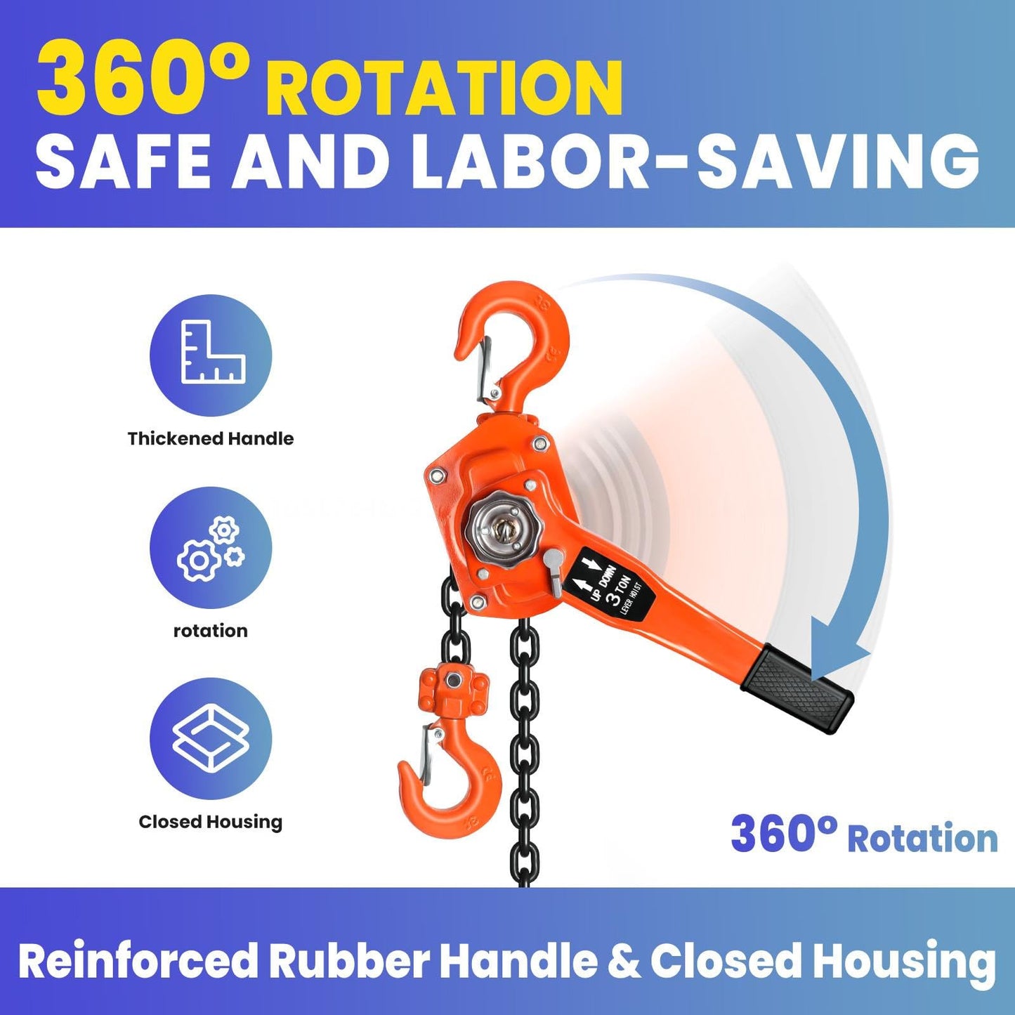 Lever Chain Hoist, Heavy Duty 6600lbs Cpacity Come Along Tool, Hand Chain Hoist with Dual Pawl Brake for Warehouse, Industrial & Construction Use (3Ton10FT)