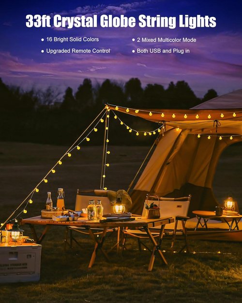 Minetom Crystal Globe String Lights - 33 ft 100 LED Color Changing Fairy Lights with Remote & Timer | Waterproof for Bedroom, Tent, Party - 16 Colors