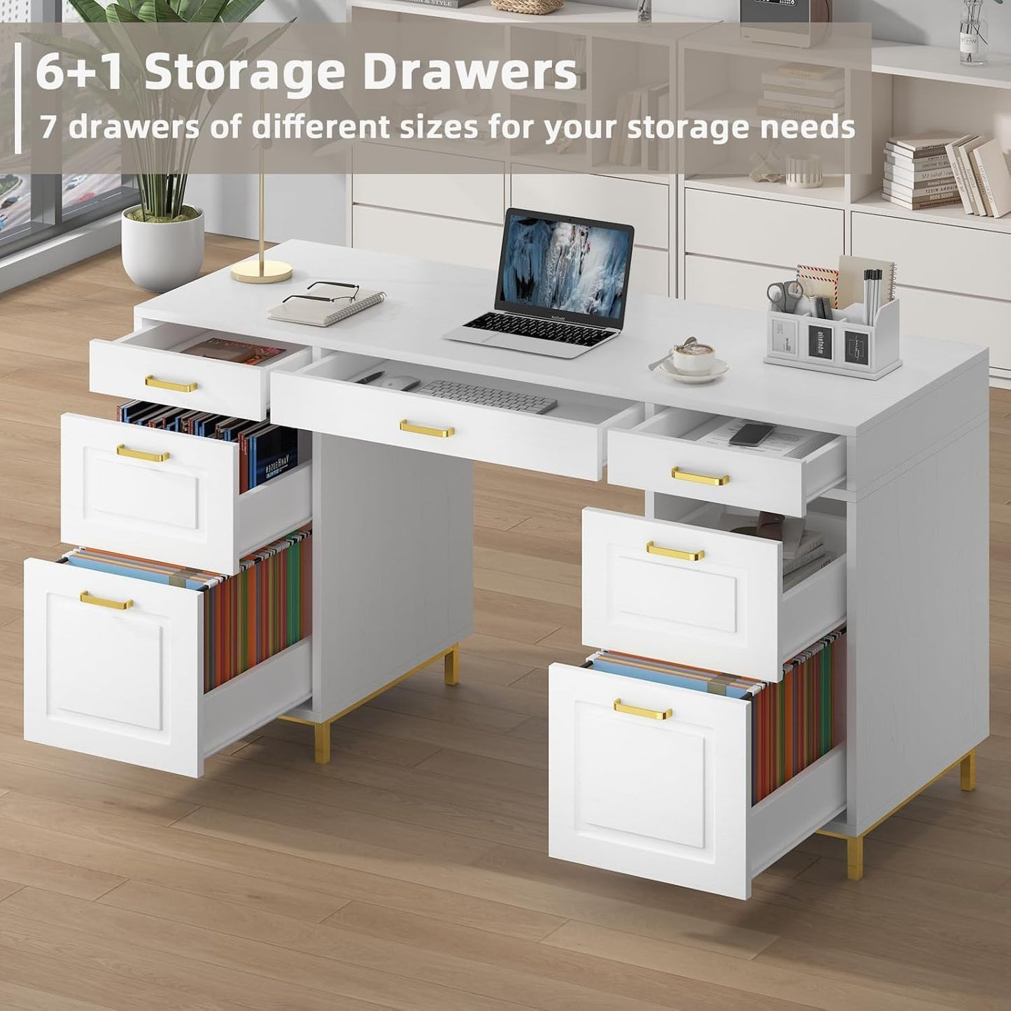 MaverickFurni White and Gold Desk with 2 File Drawers, 57 Inch Office Computer Desk with 7 Drawers, White Desk with Storage, Wooden Executive Desk for Office, Workspace for Work Study Writing