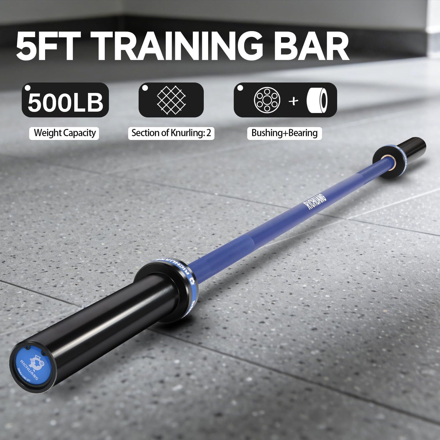 RICHUANG Olympic Barbell 5FT 26.5LB – 2" Weightlifting Bar for Home Gym Fitness, Squats, Deadlifts, Hip Thrusts, Bench Press, Strength Training – 500LB Capacity – Blue