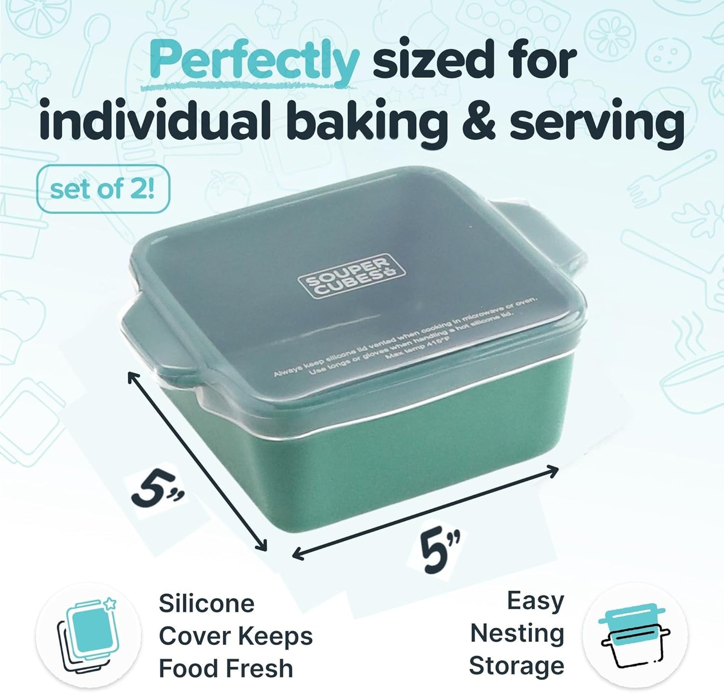Souper Cubes Stoneware Baking Dishes - Premium 5" x 5" Mini Ceramic Set with Silicone Covers - Made in USA