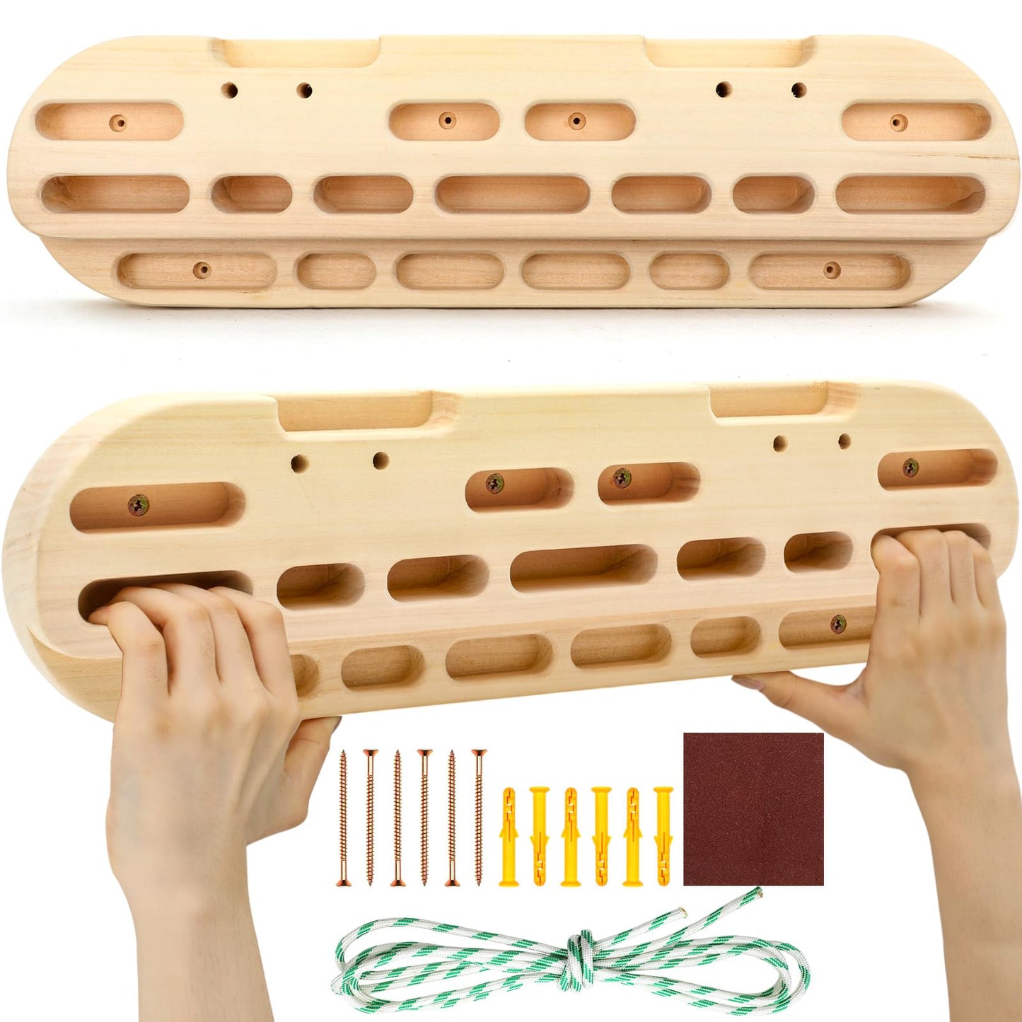 JolliLudo Climbing Hangboard Rock Climbing Fingerboard Gifts Portable Mounted Training Station Pull Up Bar Wooden Hand Grip Strengthener Exerciser with Installation Kit and Rope for Climbers Athletes